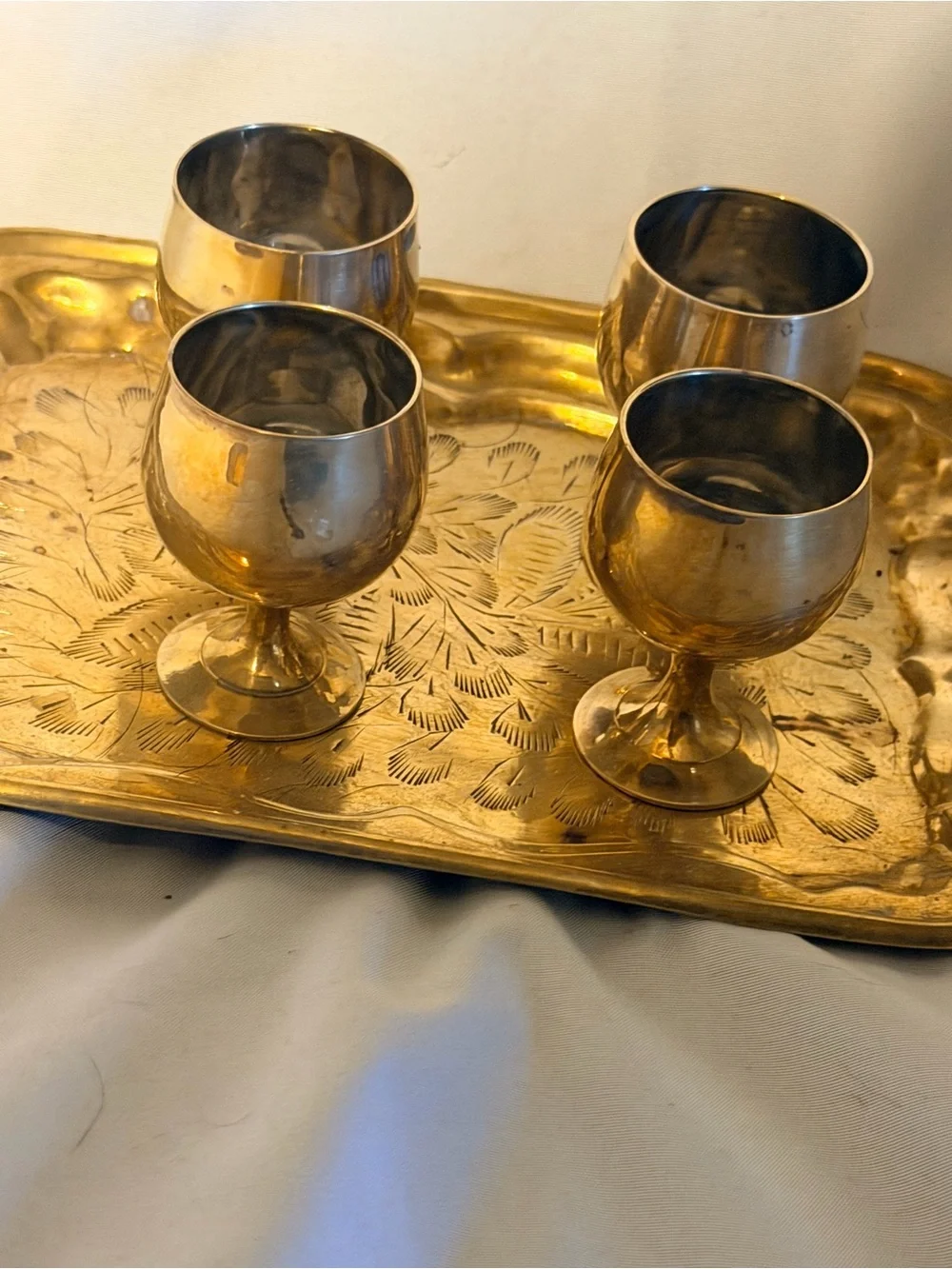 Vintage Brass Mini Goblet Set of 4 with Engraved Serving Tray Barware Decor